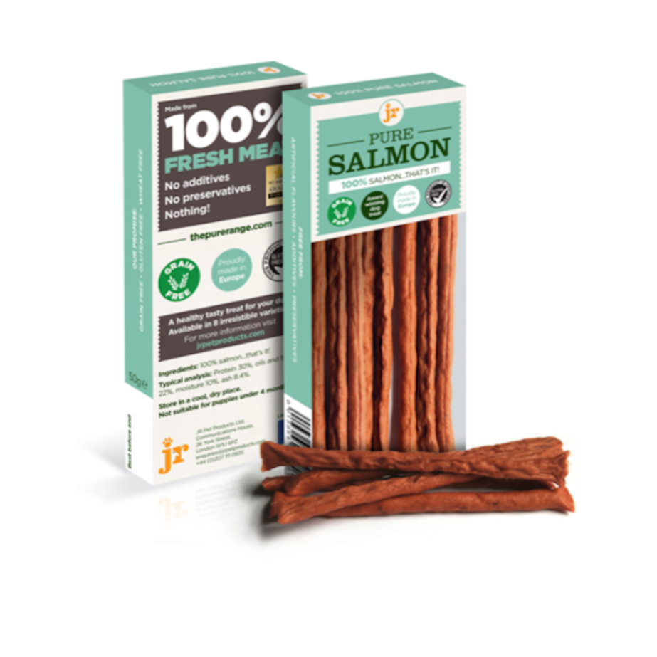 JR Pet Products Pure Salmon Sticks dog treats, 100% salmon, natural single protein, grain free, hypoallergenic, rich in omega-3, healthy skin and coat support, perfect for training and enrichment, available at Amy's Pet Supplies UK.