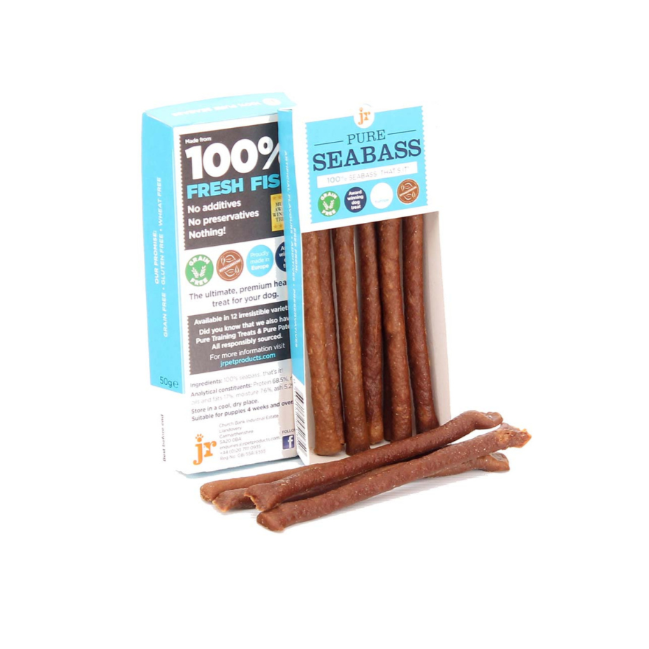 JR Pet Products Pure Seabass Sticks dog treats, 100% seabass, single protein, grain free, hypoallergenic, high protein, rich in omega-3 for healthy skin and joints, ideal for sensitive dogs, available at Amy's Pet Supplies UK.