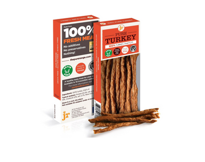 JR Pet Products Pure Turkey Sticks dog treats, 100% turkey breast, natural single protein, grain free, hypoallergenic, high protein, low fat dog chews, perfect for training rewards and sensitive stomachs, available at Amy's Pet Supplies UK.
