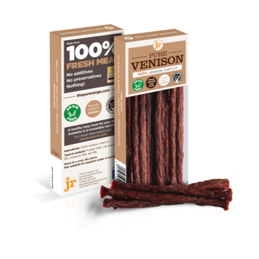 JR Pet Products Pure Venison Sticks dog treats, 100% venison, natural single protein, grain free, hypoallergenic, novel protein, ideal for allergy-prone dogs and healthy enrichment, available at Amy's Pet Supplies UK.