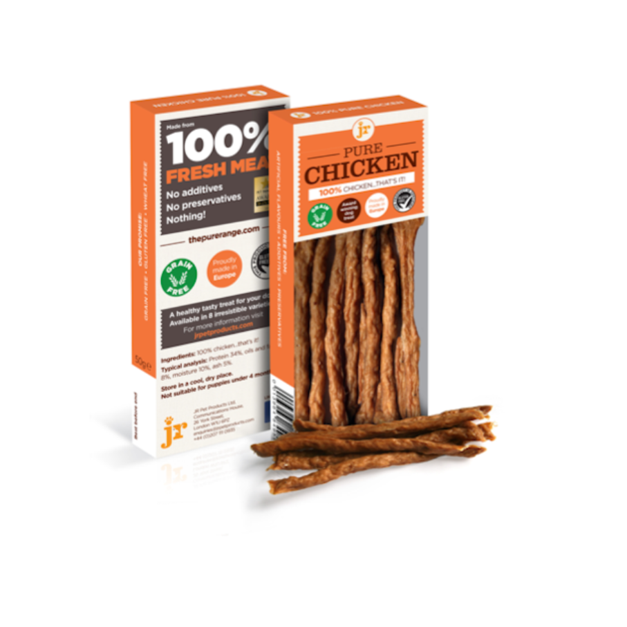 JR Pet Products Pure Chicken Sticks dog treats, 100% chicken, natural single protein, grain free, hypoallergenic, high protein, healthy dog chews, perfect for training, enrichment and sensitive stomachs, available at Amy's Pet Supplies UK.
