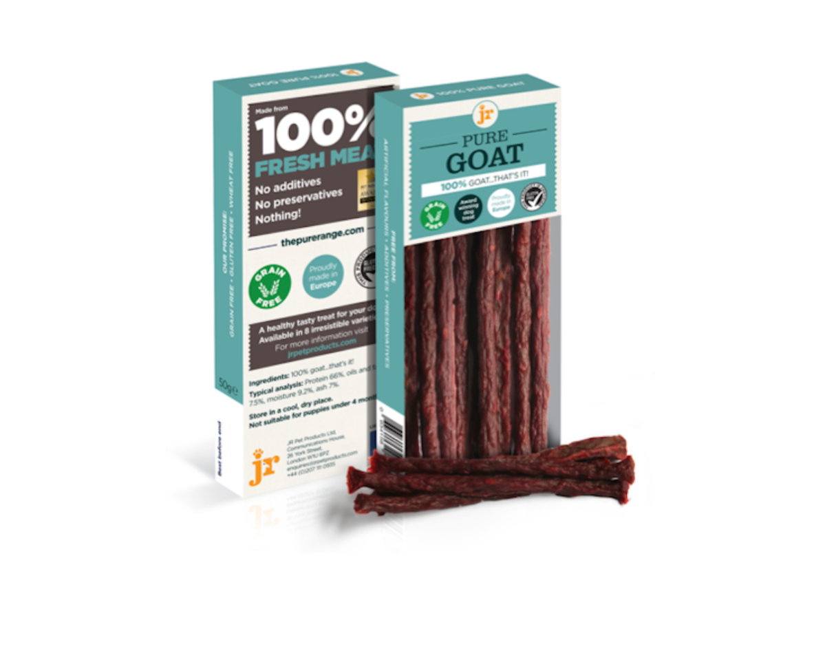 JR Pet Products Pure Goat Sticks dog treats, 100% goat, natural novel protein, grain free, hypoallergenic, high protein, ideal for dogs with multiple food allergies and sensitivities, available at Amy's Pet Supplies UK.