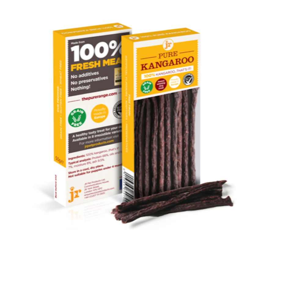 JR Pet Products Pure Goat Sticks dog treats, 100% goat, natural novel protein, grain free, hypoallergenic, high protein, ideal for dogs with multiple food allergies and sensitivities, available at Amy's Pet Supplies UK.