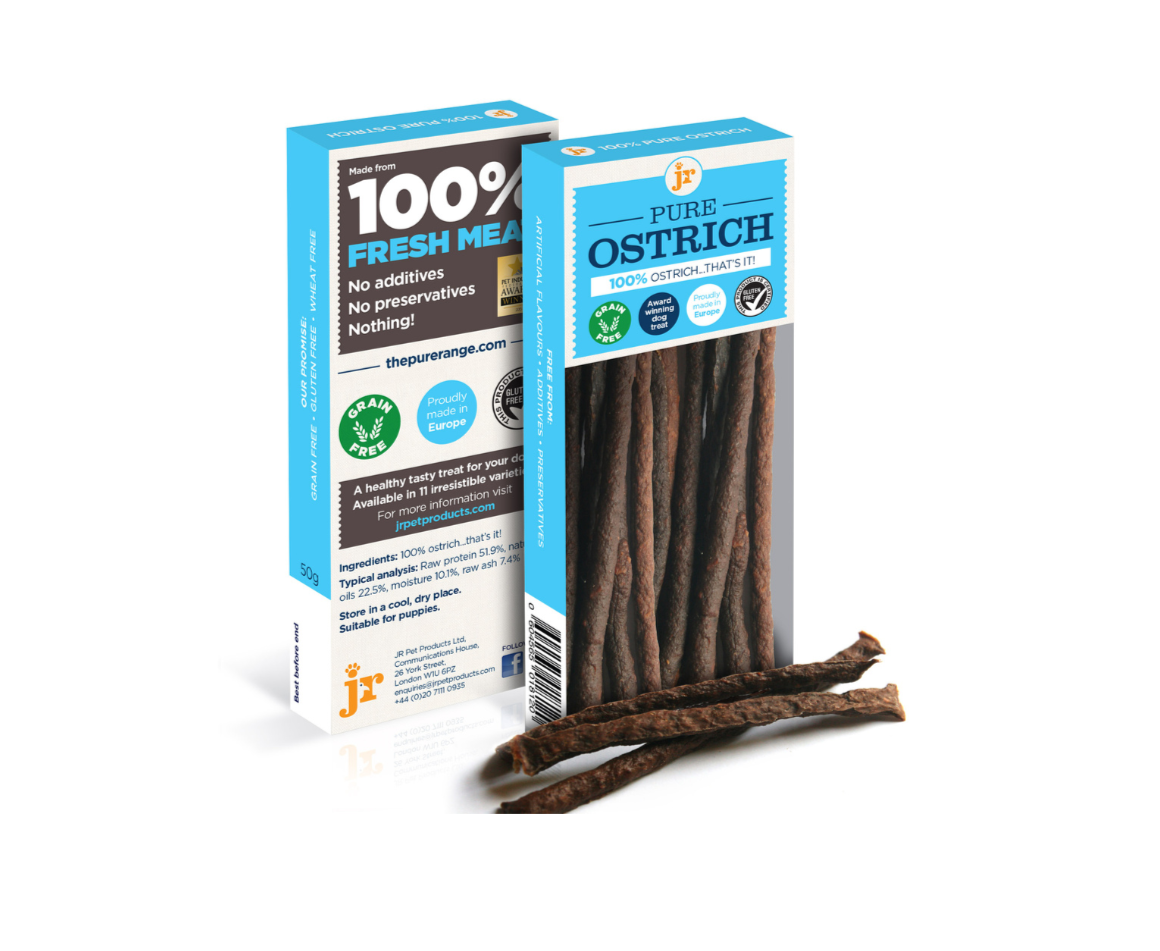 JR Pet Products Pure Ostrich Sticks dog treats, 100% ostrich, novel single protein, grain free, hypoallergenic, low fat, high protein treats, ideal for allergy-prone dogs and weight management, available at Amy's Pet Supplies UK.