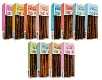 JR Pet Products Pure Sticks dog treats, natural grain free single protein treats for dogs, 100% meat, hypoallergenic, healthy training chews, available in beef, lamb, venison, rabbit, kangaroo, ostrich, salmon, seabass, goat, turkey, duck, from Amy's Pet Supplies UK.