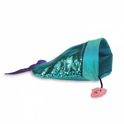 KONG Play Spaces SeaQuins cat tunnel shaped like a mermaid tail, with sparkling teal sequins, crinkle material, and dangling pink toy for interactive feline fun.