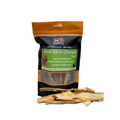 K9 Instinct lamb skin chews packaging with two chews in front on a white background