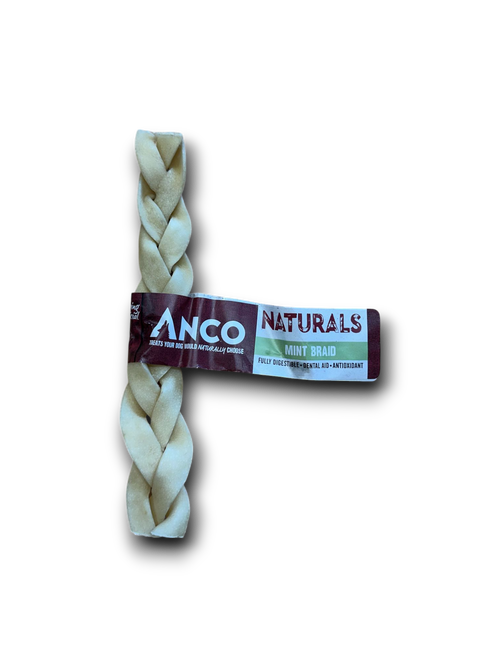 Braided Anco Naturals Mint Braid dog chew with green and white product label, displayed on a black background.