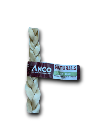 Braided Anco Naturals Mint Braid dog chew with green and white product label, displayed on a black background.