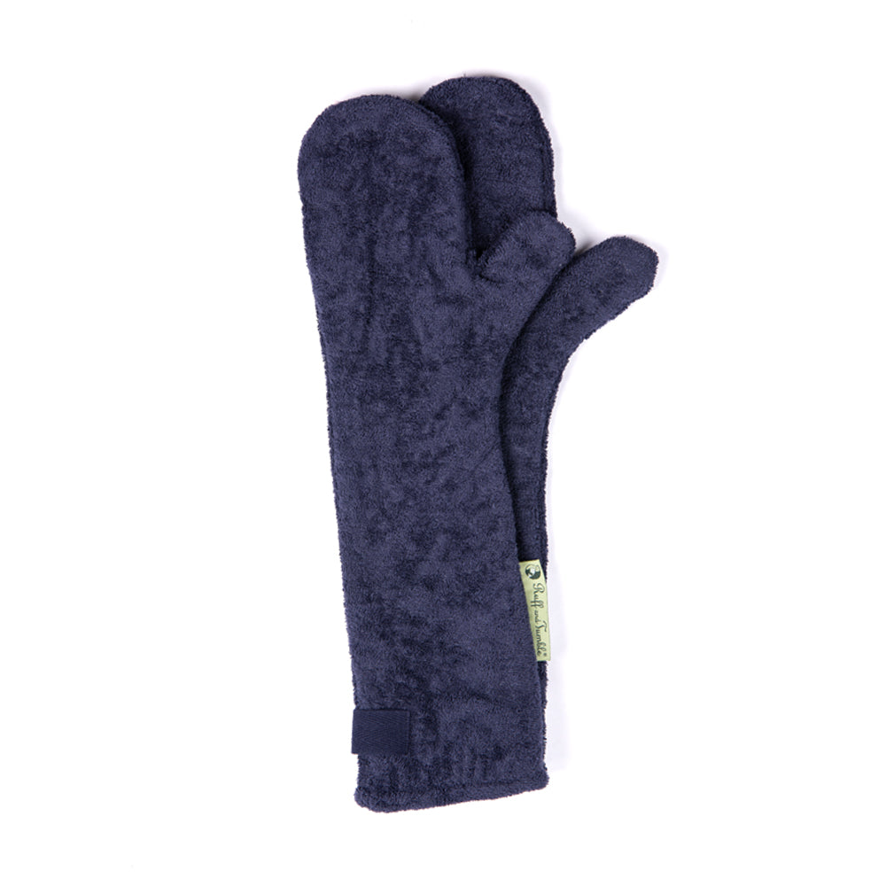 Pair of Ruff and Tumble dog drying mitts in classic navy, made with super-absorbent double-layer cotton towelling to remove mud and moisture from paws and legs, available at Amy’s Pet Supplies.
