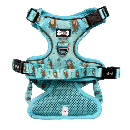 Pup Chic Boutique Otterly Lovely Tactical Dog Harness in teal with cute otter print, no-pull adjustable design for dogs, available at Amy’s Pet Supplies