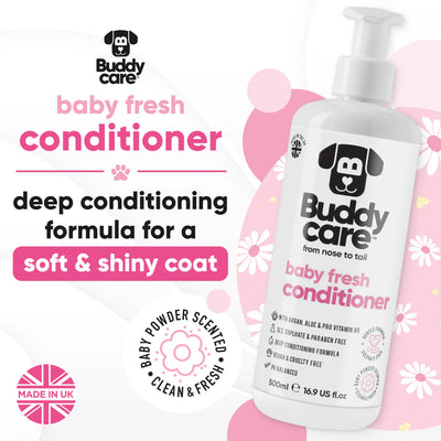 Buddy Care baby fresh conditioner bottle on a pink floral background