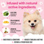 Dog product advertisement with natural active ingredients on a pink background