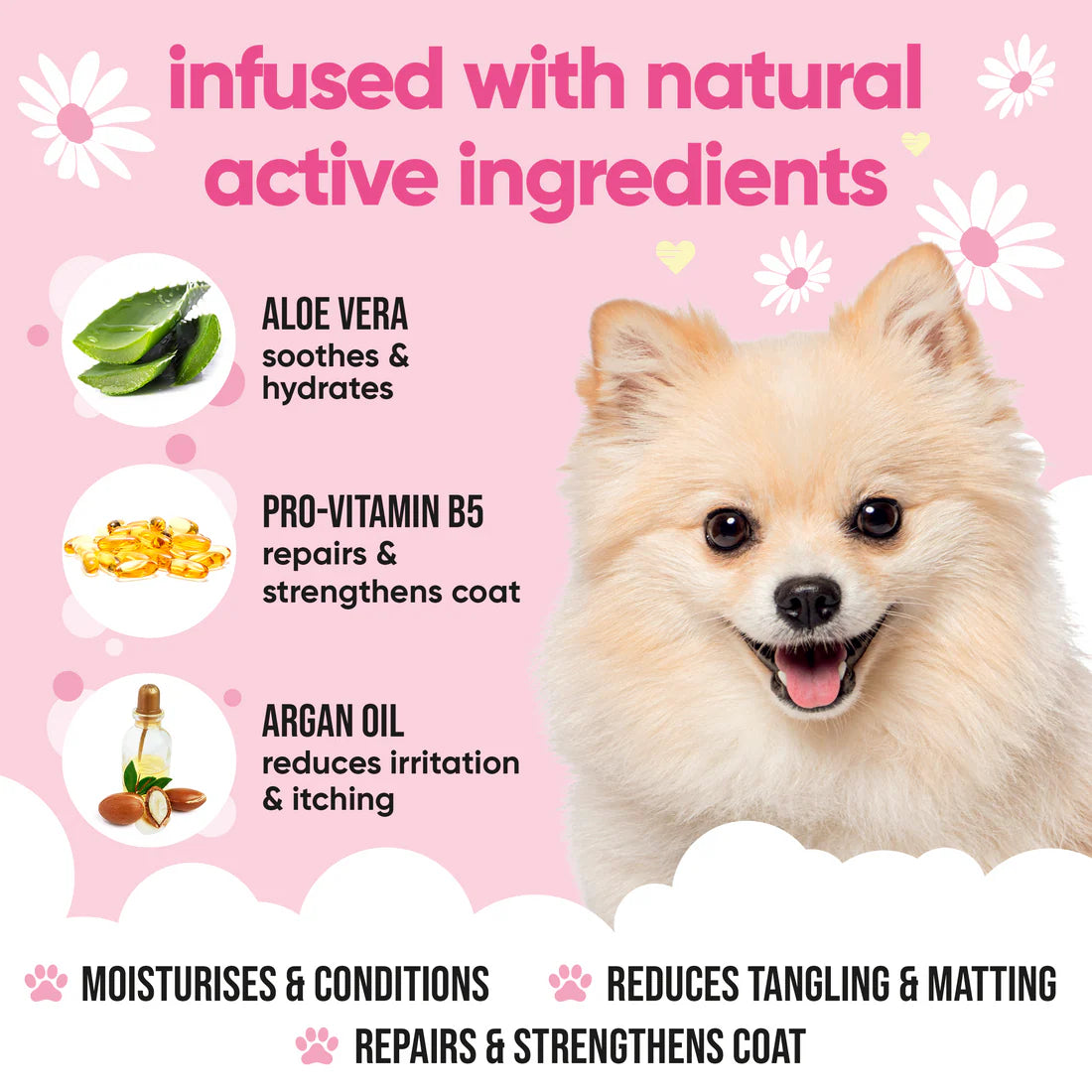 Dog product advertisement with natural active ingredients on a pink background