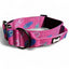 Pink dog collar with colorful patterns on a white background