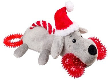 House of paws Plush dog toy with a Santa hat and red pom-poms on a white background