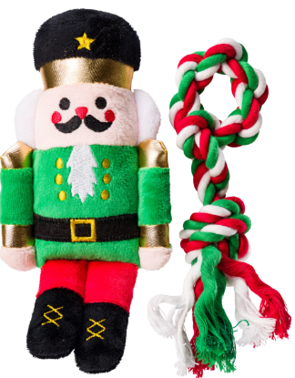 House of Paws Christmas Nutcracker & Rope Toy Gift Set – festive 2-piece dog toy featuring squeaky Nutcracker plush and durable rope for tugging play.
