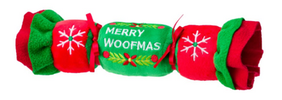 House of Paws Decorative cracker with 'Merry Woofmas' Dog Toy text on a white background