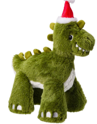 House of Paws Green dinosaur plush dog toy wearing a Santa hat on a white background