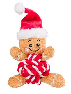 House of Paws Plush dog toy gingerbread man wearing a Santa hat and holding a candy cane on a white background