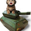 Cat sitting inside a cardboard tank playhouse – interactive and entertaining cardboard hideaway for cats.
