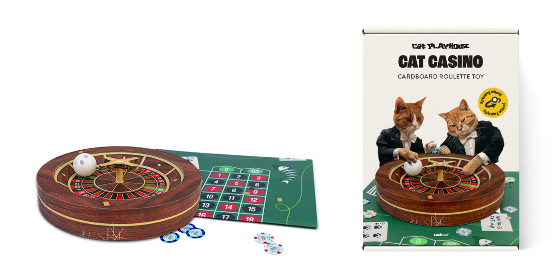 Roulette wheel cat toy – fun cardboard spinning toy with bell ball, fold-out mat and chips, designed by SUCK UK.
