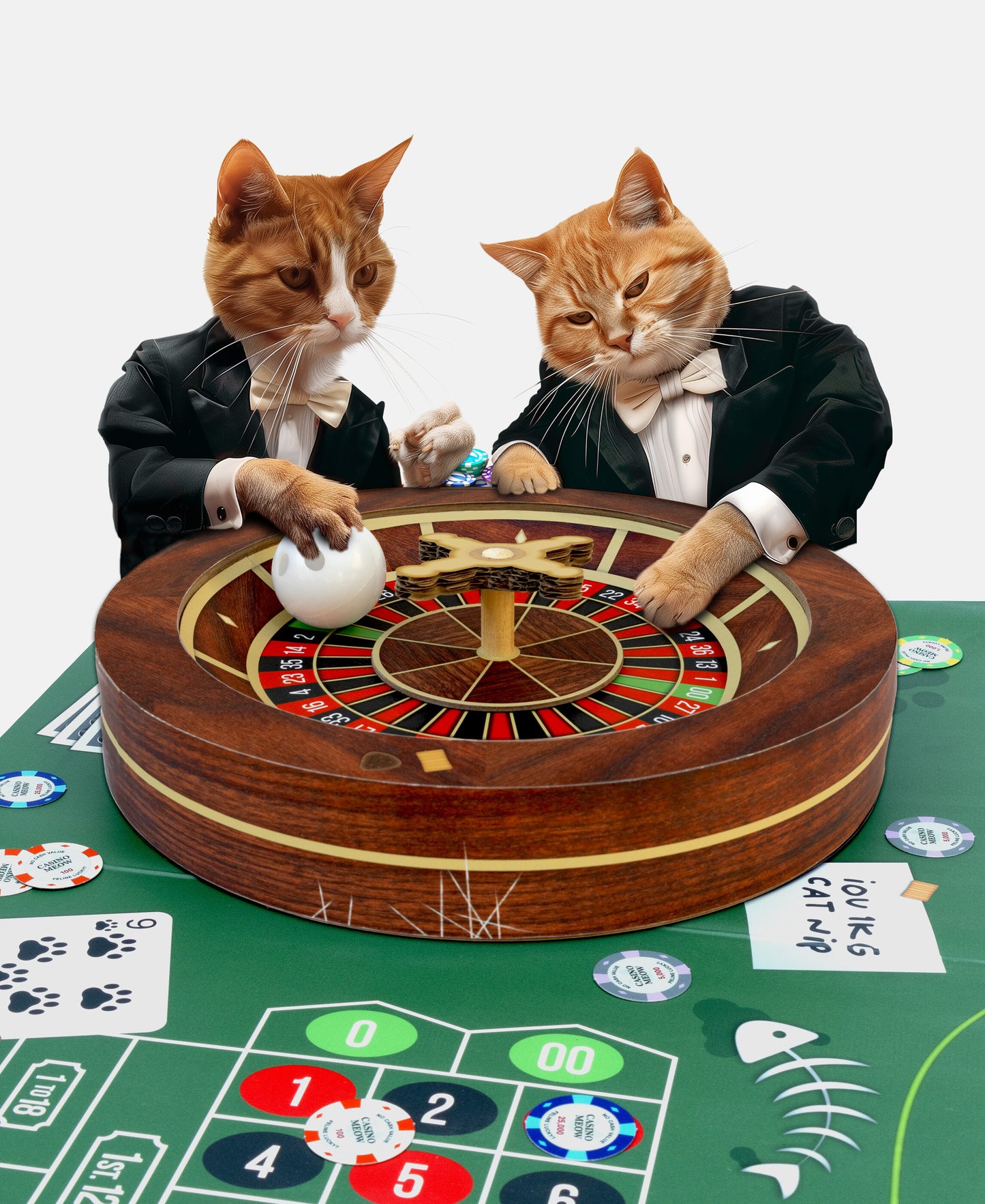Cat playing with roulette wheel cardboard toy – spinning ball and casino theme for endless feline fun.

