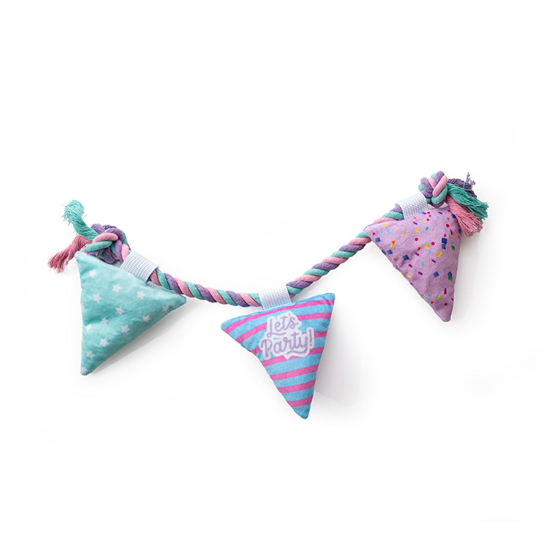 Colorful dog toy with triangle shapes and a rope on a white background