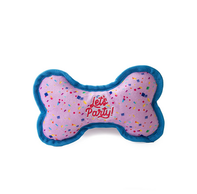 Lets party bone shaped softdog toy on a white background