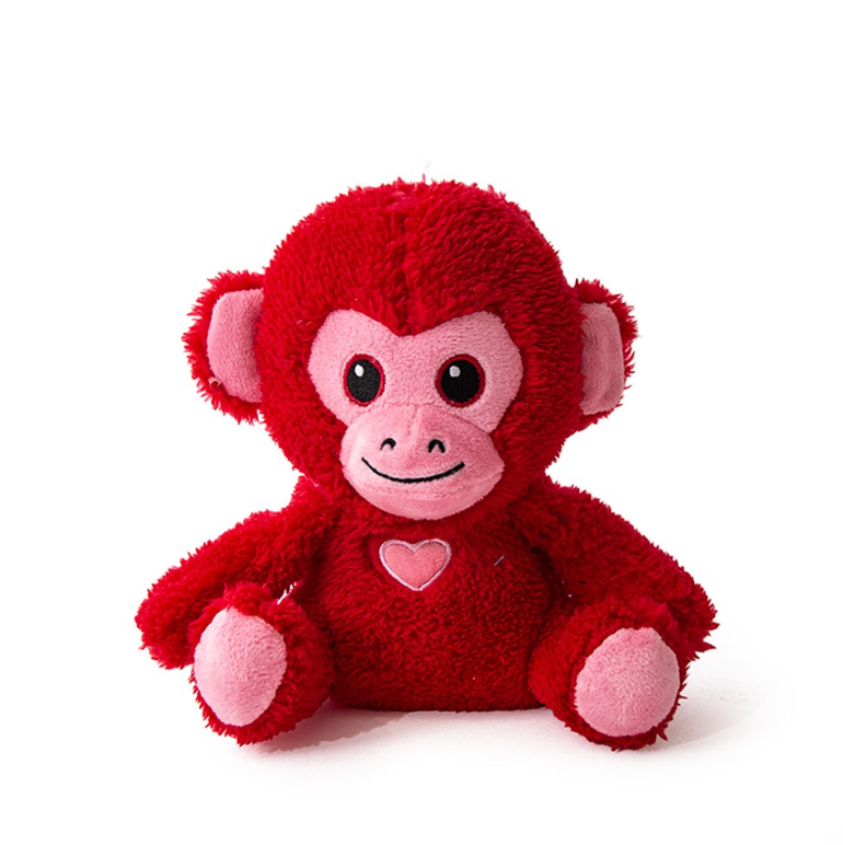 Red plush monkey valentines 
dog toy with a pink heart on a white background