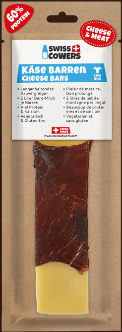 Long-lasting Swiss cheese bar dog treat wrapped in beef