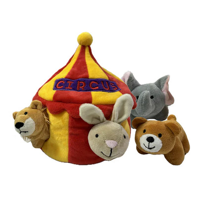Interactive circus themed dog toy with treat compartments