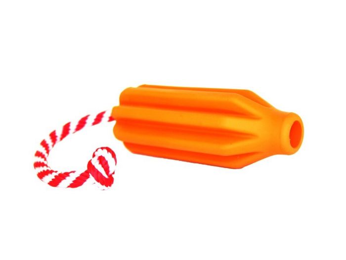 Sodapup Rocket Toy in bright orange with red rope, a durable and floatable fetch toy for dogs who love to chew and play tug