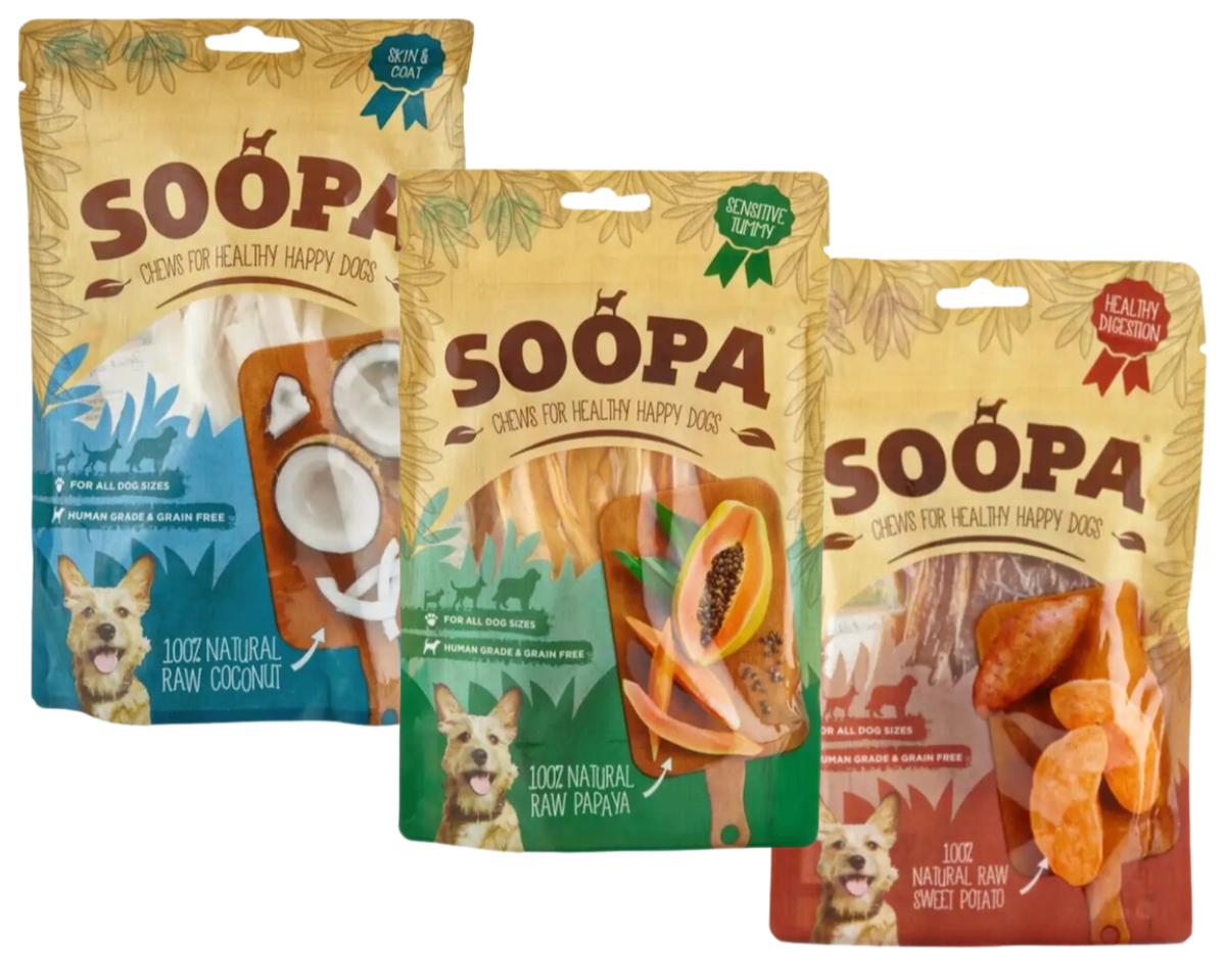 Soopa Natural Dog Chews in coconut, papaya, and sweet potato – healthy superfood treats for dogs.

