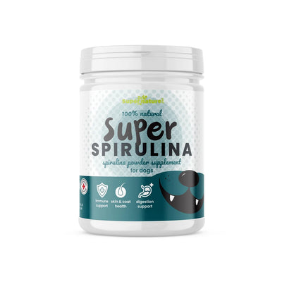Super Spirulina supplement for dogs, 100% natural spirulina powder by Supernature for immune support, skin and coat health, and digestive aid in a 100g container
