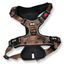 Dog harness with brown pattern and black accents on a white background