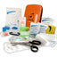 Complete DogsLife pet first aid kit displayed with all included items: bandages, scissors, gloves, gauze, tweezers, emergency blanket, wound dressings, and medicine box – perfect emergency care for dogs and cats at home or while travelling