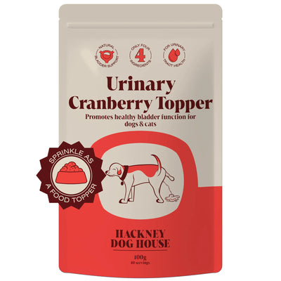 Hackney Dog House Urinary Cranberry Topper for dogs and cats, 100g pouch; natural bladder and urinary tract support; UTI prevention supplement; sprinkle as food topper