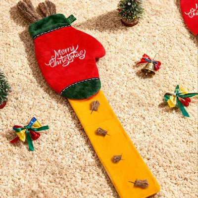 V-Pet Christmas glove treat-dispensing puzzle dog toy with squeaker and crinkle texture in medium size
