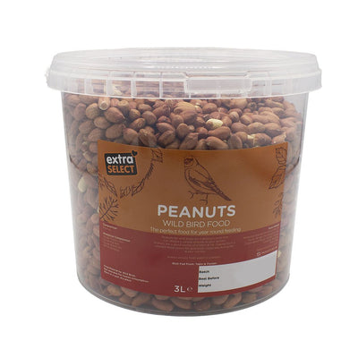Clear container of peanuts with a brown label on a white background