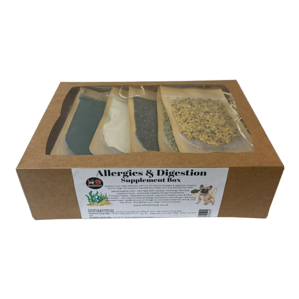 K9 Instinct Allergies & Digestion Support Supplement Box for dogs – 6x30g packs with bee pollen, spirulina, seaweed, pumpkin seed, psyllium husk, and marshmallow root