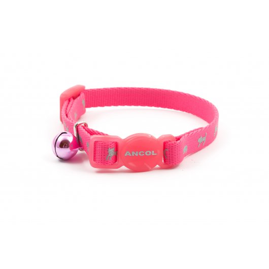 Ancol kitten collar in vibrant pink with reflective silver cat icons, adjustable safety buckle, and a matching pink bell for added visibility and charm.