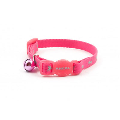 Ancol kitten collar in vibrant pink with reflective silver cat icons, adjustable safety buckle, and a matching pink bell for added visibility and charm.