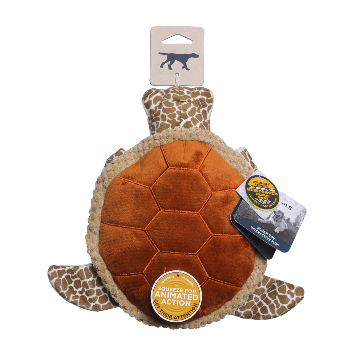Plush turtle toy with tags on a white background