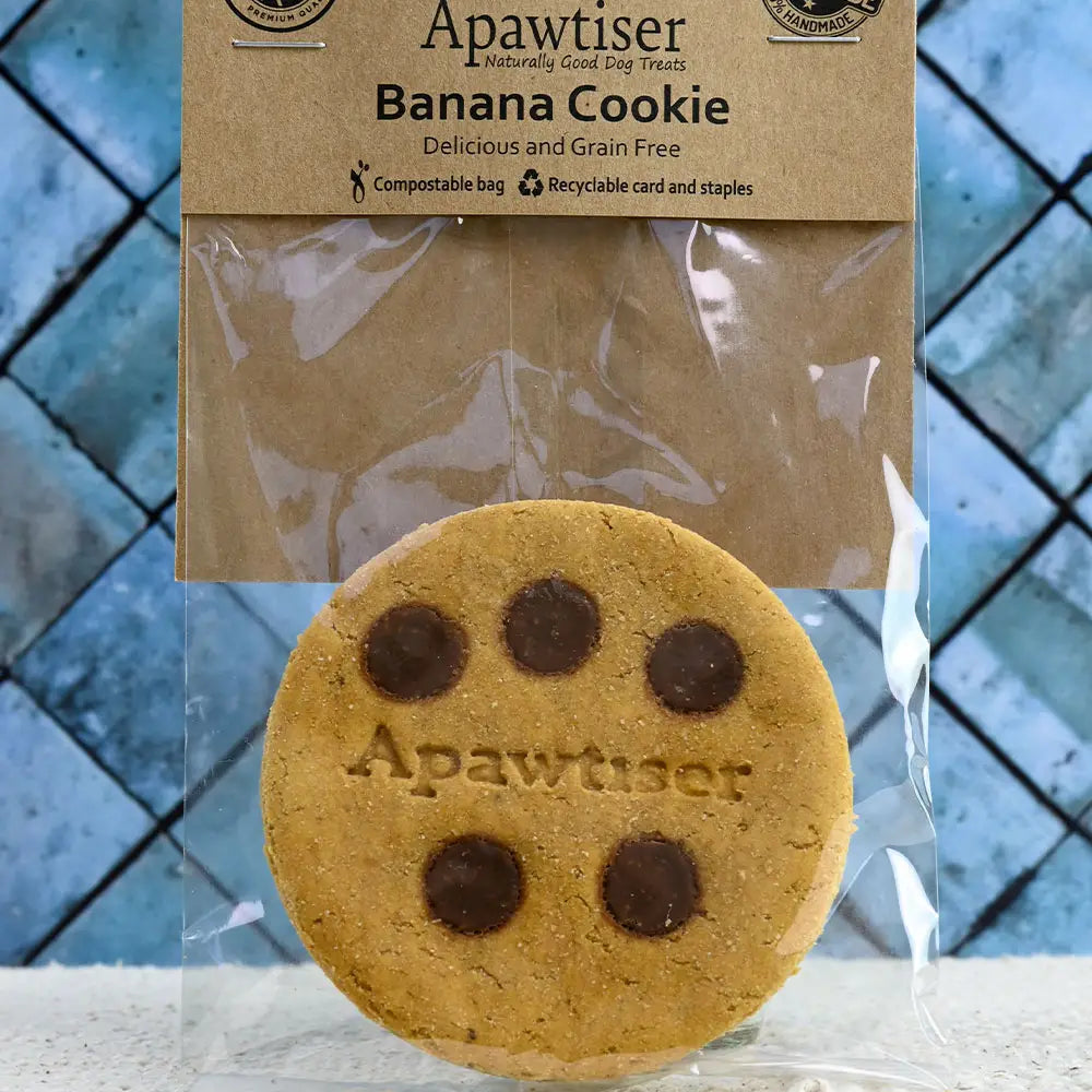 Handmade banana dog cookie topped with xylitol-free carob drops.

