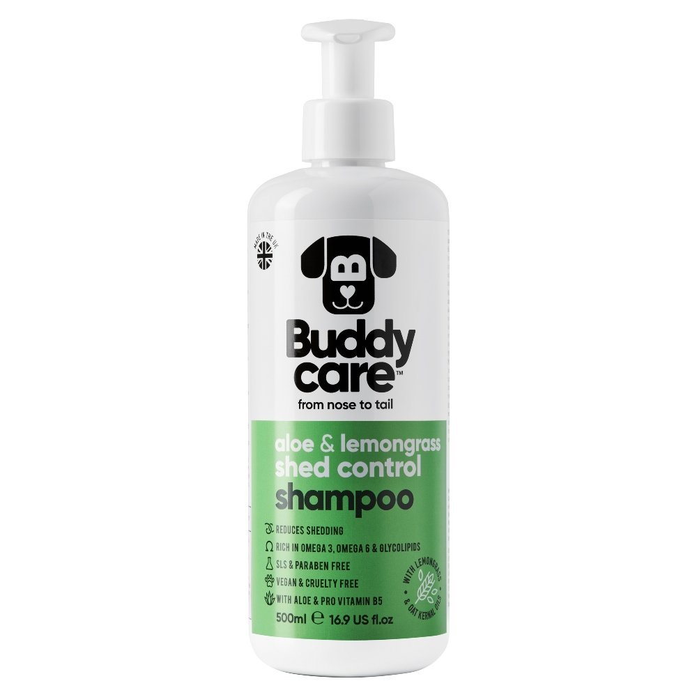 Buddycare Aloe and Lemongrass Shed Control Dog Shampoo 500ml white pump bottle with green label