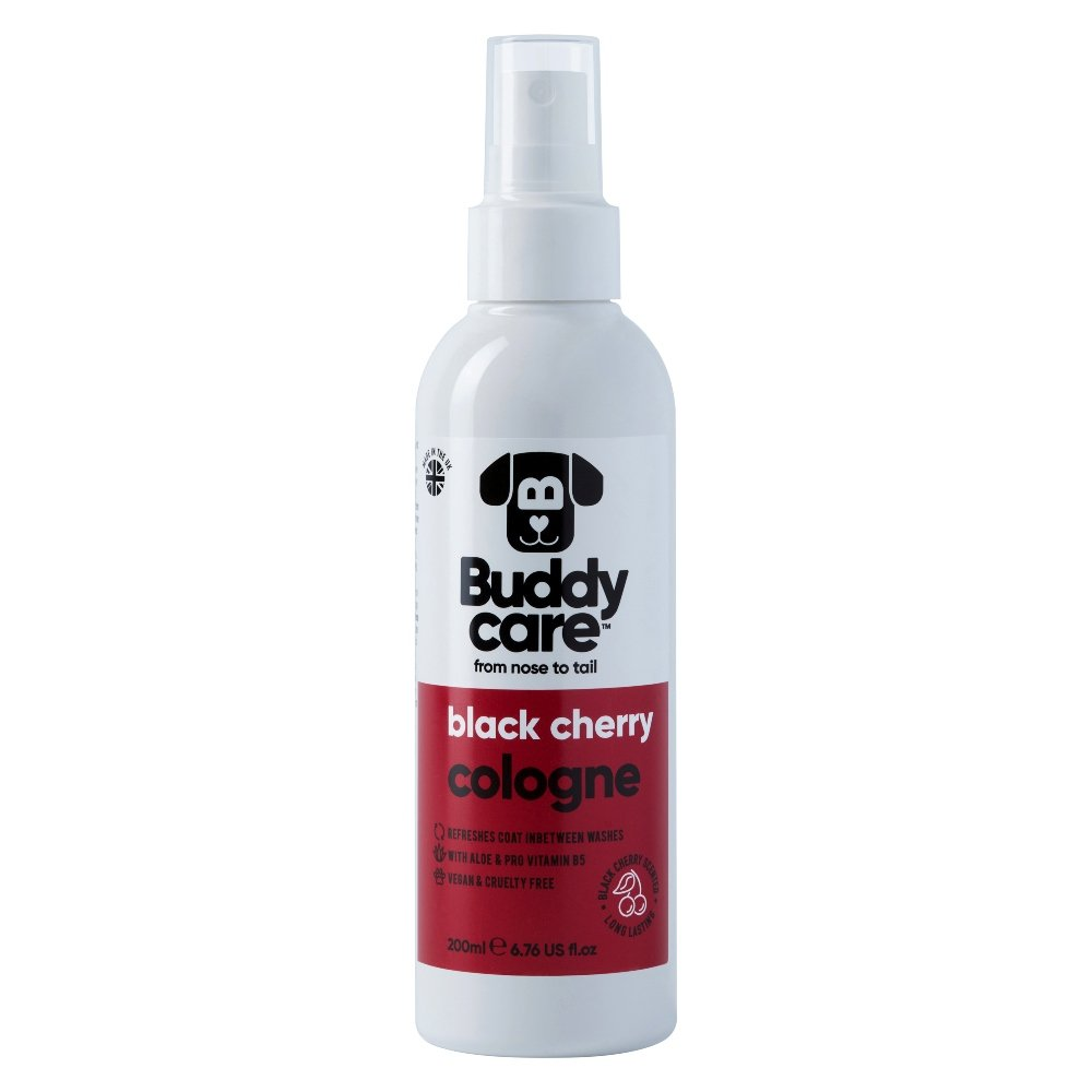Buddycare Black Cherry Dog Cologne 200ml white spray bottle with red label