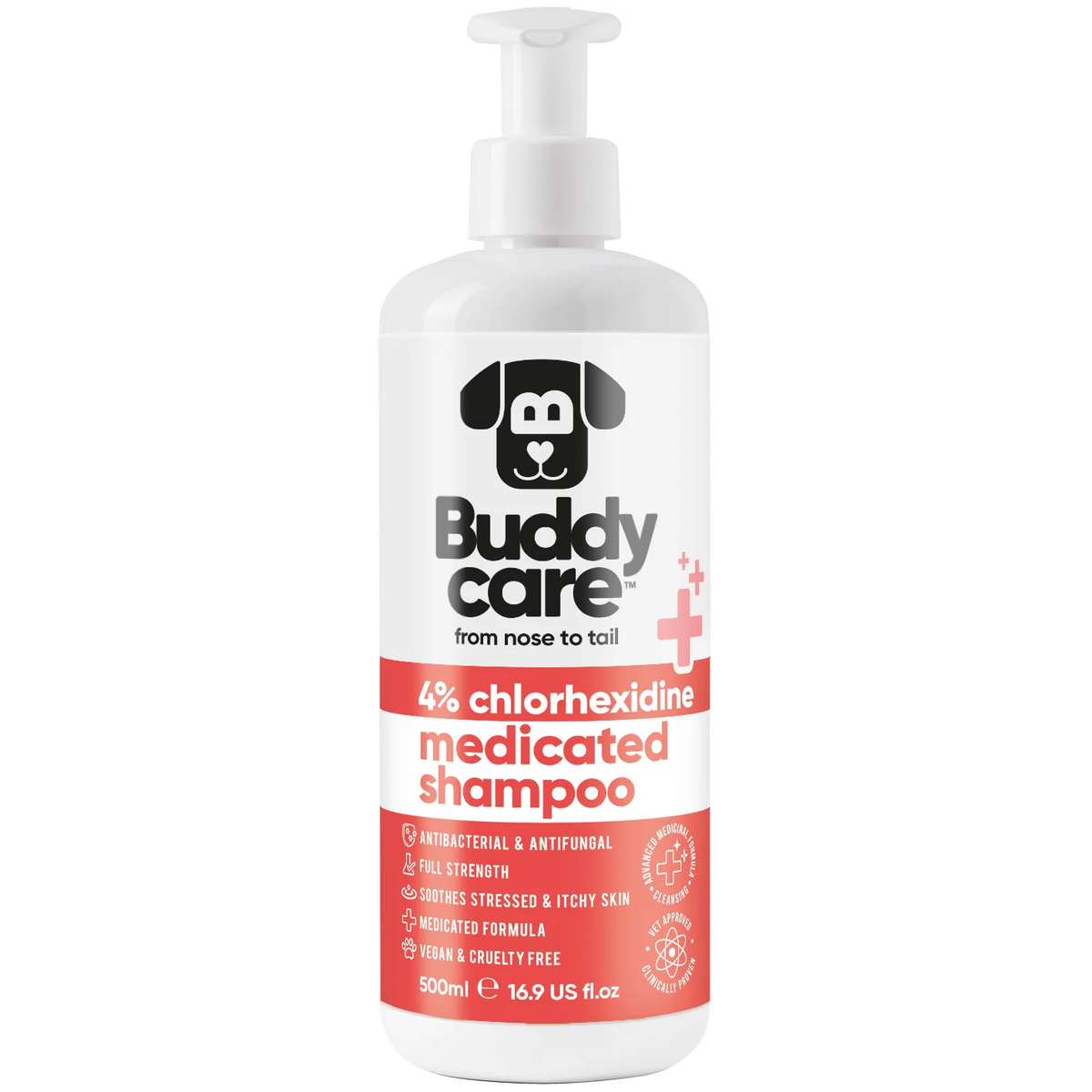 Buddycare 4% Chlorhexidine Medicated Shampoo 500ml white pump bottle with red label