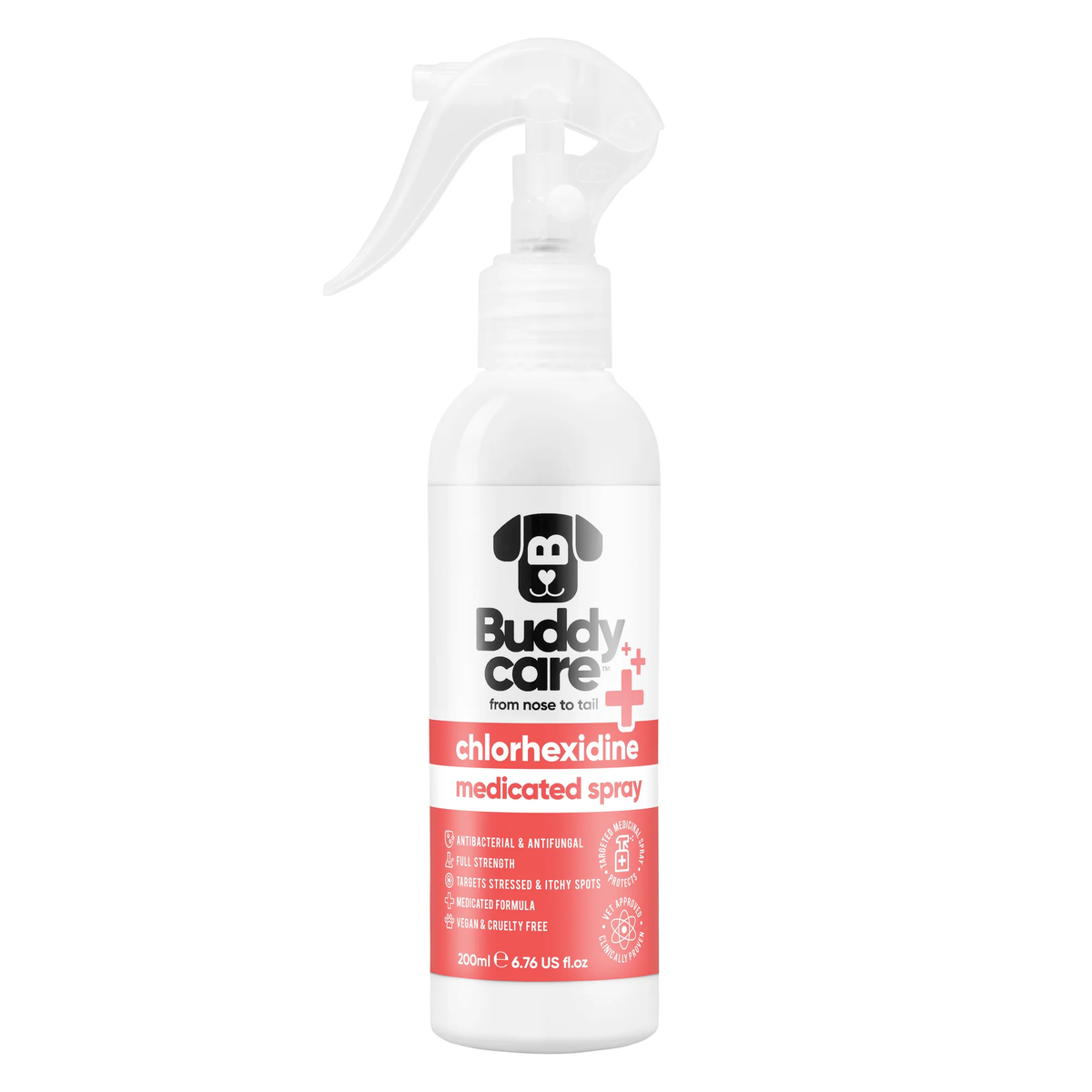Buddycare Chlorhexidine Medicated Spray 200ml white trigger-spray bottle with red label