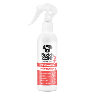 Buddycare Chlorhexidine Medicated Spray 200ml white trigger-spray bottle with red label